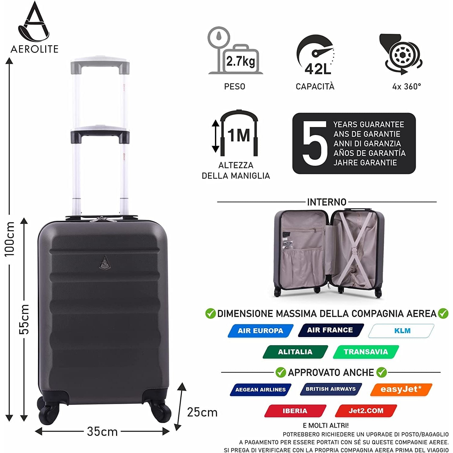 AeroLite™ 55x35x25cm Valigia Bagaglio a Mano Duro Bagaglio a Mano Cabi –  Aerolite IT
